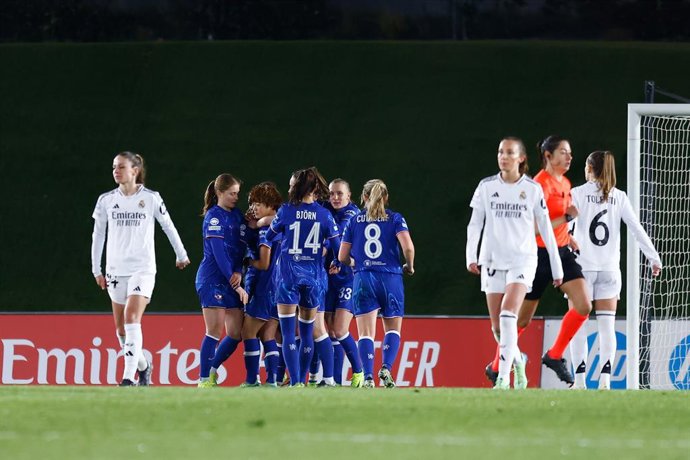 Catarina Macario of Chelsea celebrates a goal with teammates during the UEFA Women’s Champions League, Group B, football match played between Real Madrid and Chelsea at Alfredo Di Stefano stadium on December 17, 2024, in Valdebebas, Madrid, Spain.