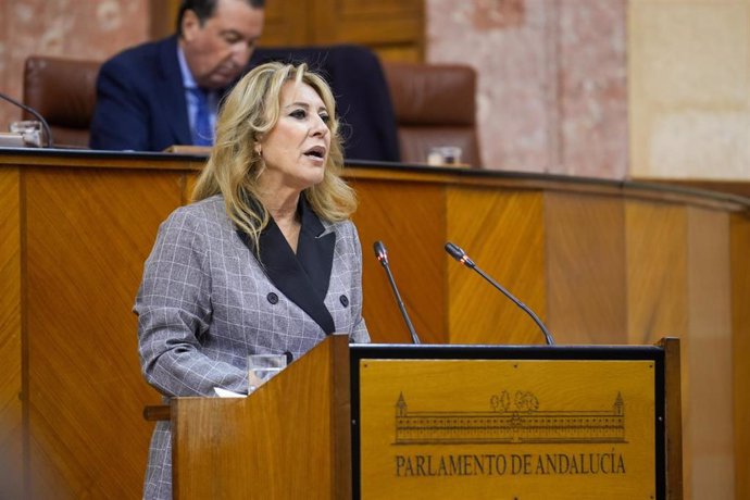 La consejera de hacienda, Carolina España interviene en la sesión . A 18 de diciembre de 2024, en Sevilla, Andalucía (España). El Parlamento de Andalucía celebra la primera jornada de su Pleno, se llevará a cabo el debate final sobre la proposición de Ley