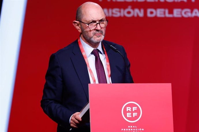 El presidente de la Real Federación Española de Fútbol (RFEF), Rafael Louzán, en la Asamblea en la que fue elegido como máximo responsable del organismo.