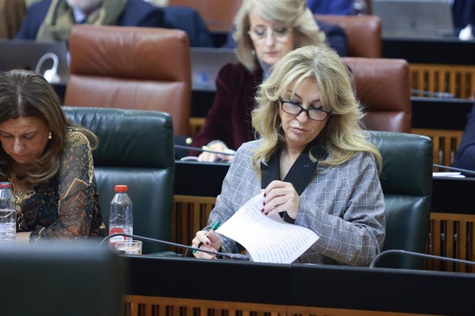 La consejera de hacienda, Carolina España, durante el pleno. A 18 de diciembre de 2024, en Sevilla, Andalucía (España). El Parlamento de Andalucía celebra la primera jornada de su Pleno, se llevará a cabo el debate final sobre la proposición de Ley de Par