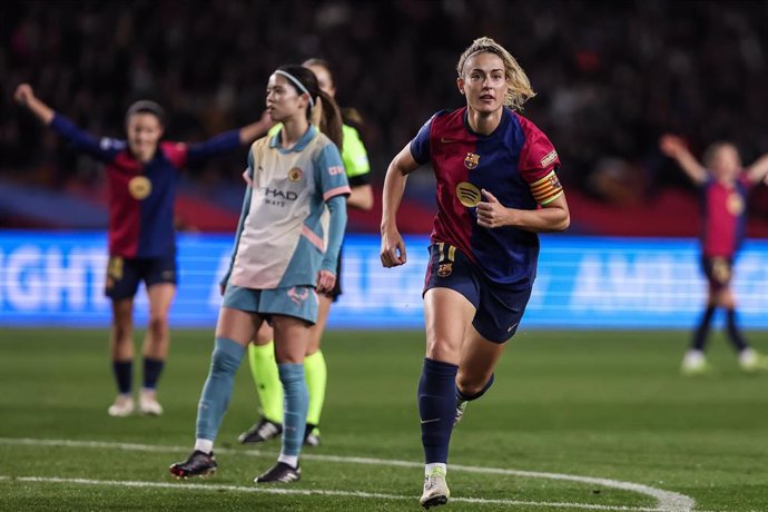 Alexia Putellas of FC Barcelona Femenino celebrates a goal during the UEFA Women’s Champions League Group Stage MD6, football match played between FC Barcelona and Manchester City FC at Estafi Olimpic Lluis Companys on December 18, 2024 in Barcelona, Spai