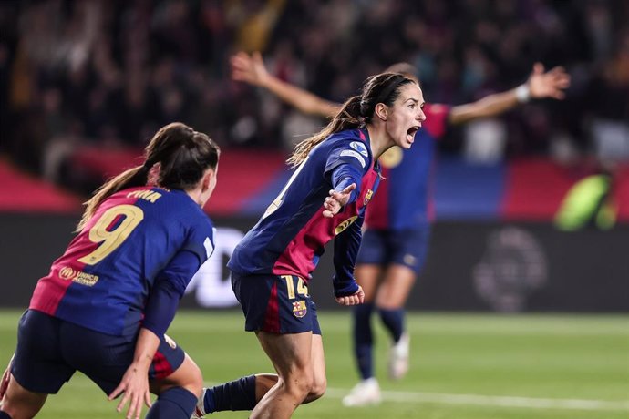 Aitana Bonmati of FC Barcelona Femenino celebrates a goal during the UEFA Women’s Champions League Group Stage MD6, football match played between FC Barcelona and Manchester City FC at Estafi Olimpic Lluis Companys on December 18, 2024 in Barcelona, Spain