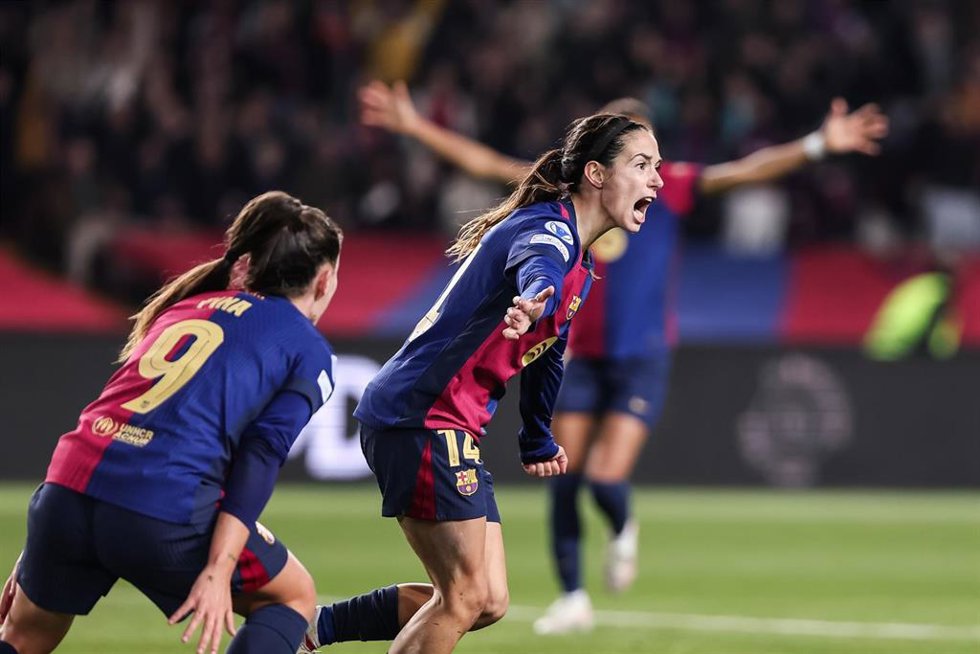 Aitana Bonmati of FC Barcelona Femenino celebrates a goal during the UEFA Womens Champions League Group Stage MD6, football match played between FC Barcelona and Manchester City FC at Estafi Olimpic Lluis Companys on December 18, 2024 in Barcelona, Spa