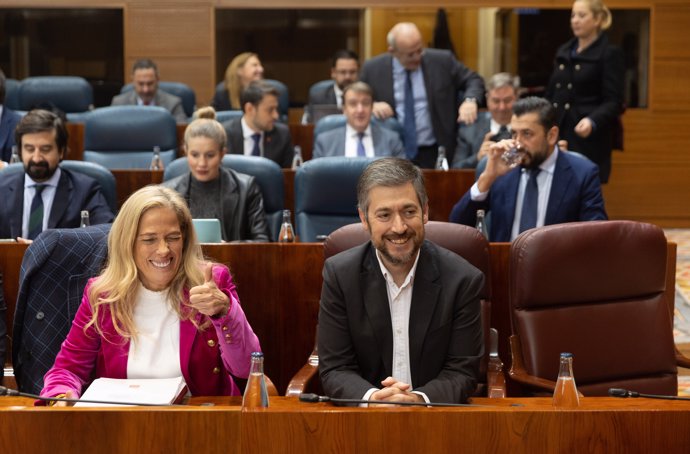 La consejera de Economía, Hacienda y Empleo, Rocío Albert, y el consejero de Presidencia, Justicia y Administración Local, Miguel Ángel García, durante un pleno en la Asamblea de Madrid, a 19 de diciembre de 2024, en Madrid (España).