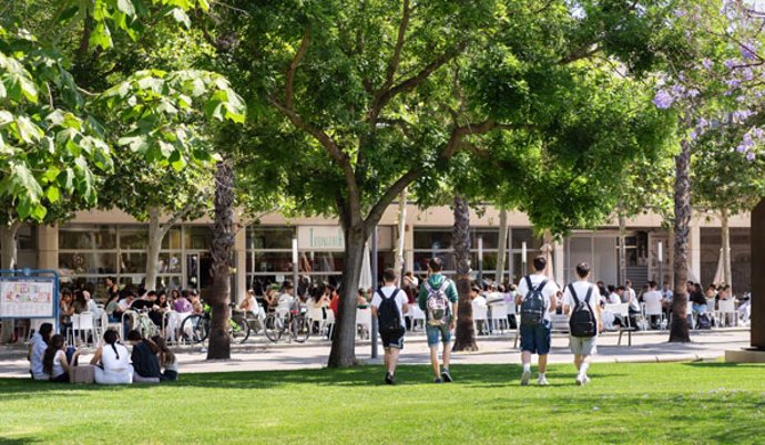 Jóvenes en un campus universitario.