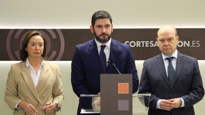 El portavoz de VOX en las Cortes de Aragón, Alejandro Nolasco; el portavoz adjunto, Santiago Morón; y la diputada Carmen Rouco.