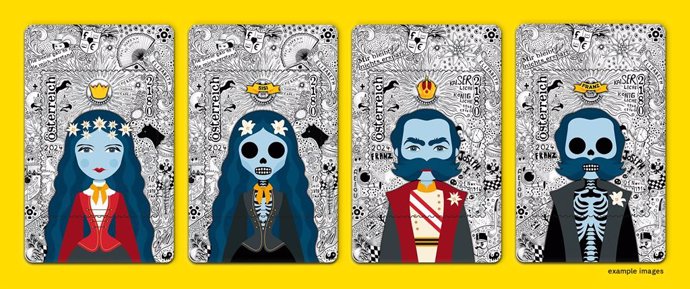 The four Crypto stamp art designs: Empress Elisabeth of Austria, Sisi Skull, Emperor Franz Joseph I of Austria, Franz Skull  Credit: Austrian Post