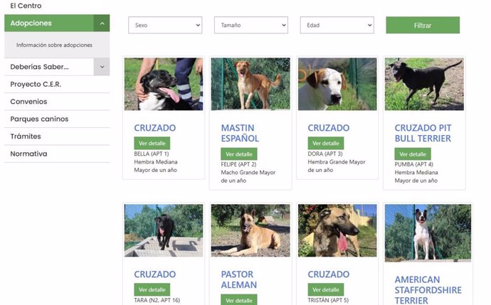 Captura de pantalla de la página web del Centro de Protección Animal Municipal (Cepam) de Málaga.