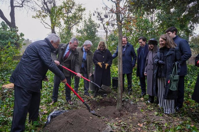 El alcalde de Sevilla, José Luis Sanz , junto al presidente de la Fundación Cámara de Comercio de Sevilla, Francisco Herrero, en la plantación de un roble en los Jardines de Murillo.