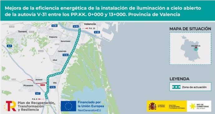 Transportes licita por 17 millones mejorar la eficiencia energética en la iluminación de la V-31, A-3 y A-7 en Valencia