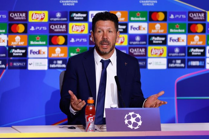 Diego Pablo Simeone, head coach of Atletico de Madrid, attends his press conference ahead of the UEFA Champions League, football match against SK Slovan Bratislava, at Riyadh Air Metropolitano on December 10, 2024, in Madrid, Spain.