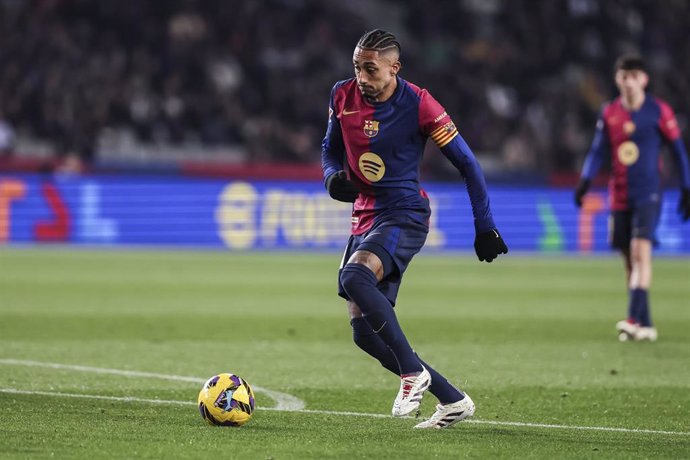 Raphinha Dias Belloli of FC Barcelona in action during the Spanish league, La Liga EA Sports, football match played between FC Barcelona and CD Leganes at Estadio Olimpico de Montjuic on December 15, 2024 in Barcelona, Spain.