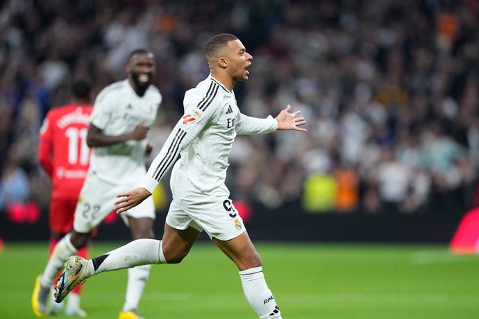 Kylian Mbappe of Real Madrid celebrates a goal during the Spanish League, LaLiga EA Sports, football match played between Real Madrid and Sevilla FC at Santiago Bernabeu stadium on December 22, 2024, in Madrid, Spain.