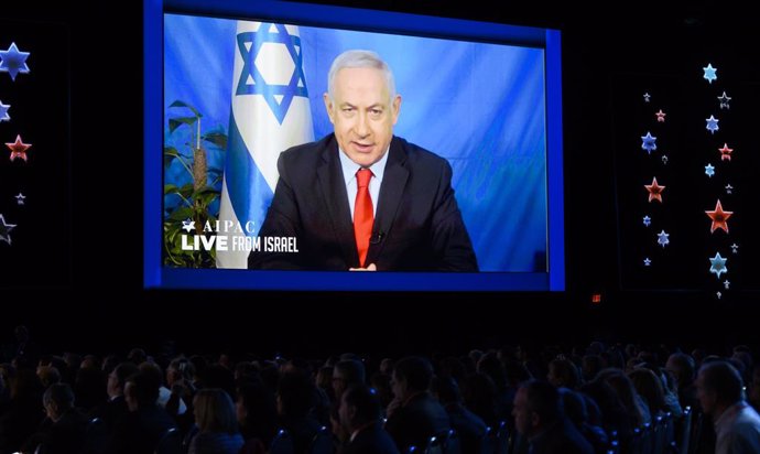 Archivo - March 26, 2019 - Washington, DC, U.S - BENJAMIN NETANYAHU, Prime Minister of Israel, speaking via video to the American Israel Public Affairs Committee (AIPAC) Policy Conference in Washington, DC on March 26, 2019