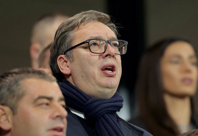 Archivo - LESKOVAC, Oct. 13, 2024  -- Serbian President Aleksandar Vucic sings the national anthem prior to the UEFA Nations League 2024/25 League A Group A4 football match between Serbia and Switzerland in Leskovac, Serbia, Oct. 12, 2024.