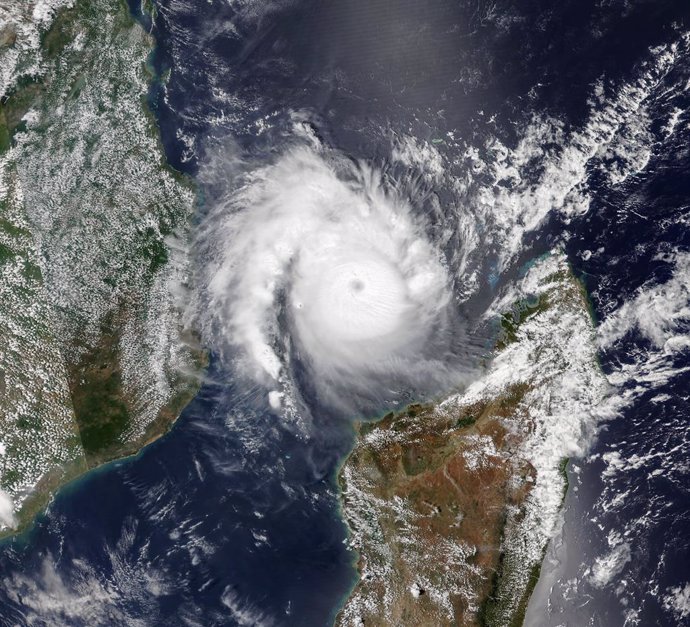 December 17, 2024: This satellite image shows a powerful cyclone tearing through the French island territory of Mayotte on 14 December 2024, leaving widespread destruction in its wake. ..Cyclone Chido, with hurricane-force winds, toppled electricity poles