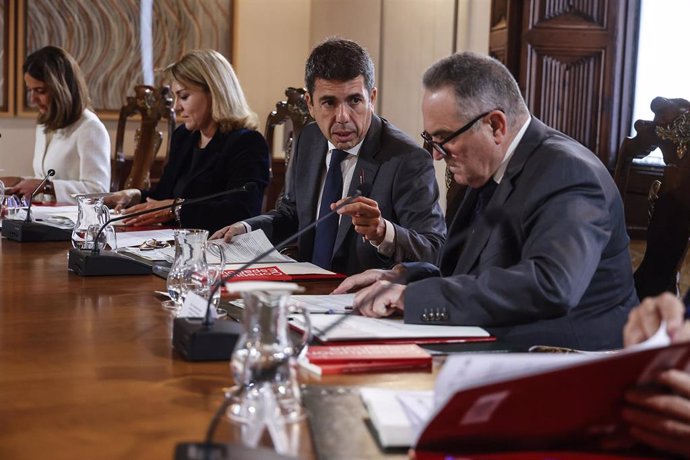 El presidente de la Generalitat valenciana, Carlos Mazón (c) y el nuevo vicepresidente segundo y conseller para la Recuperación Económica y Social, Francisco José Gan Pampols (d), en un pleno del Consell