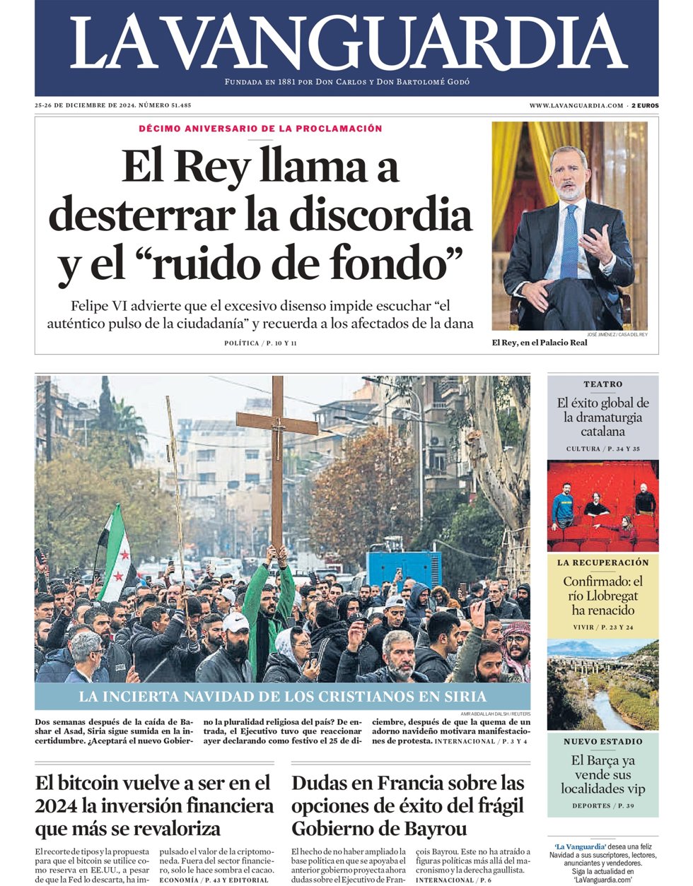 Portada de La Vanguardia del miércoles 25 de diciembre de 2024