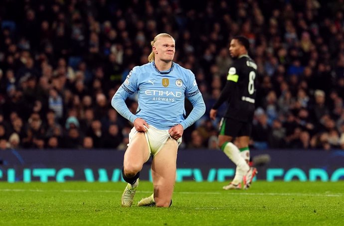 26 November 2024, United Kingdom, Manchester: Manchester City's Erling Haaland reacts during the UEFA Champions League soccer match between Manchester City and Feyenoord at the Etihad Stadium. Photo: Martin Rickett/PA Wire/dpa