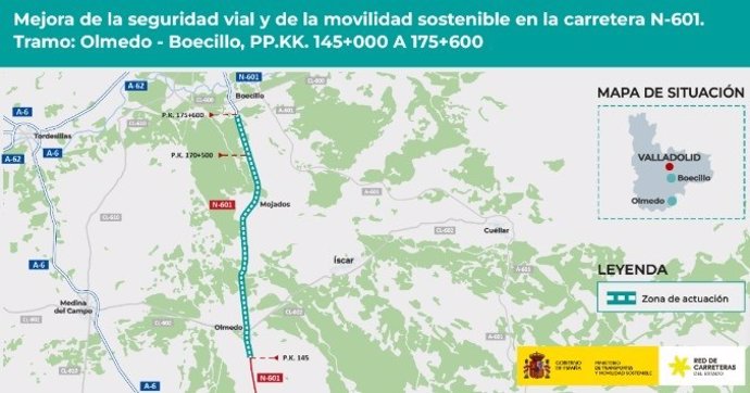 Transportes licita por 3,36 millones de euros el proyecto de trazado y constructivo para mejorar la seguridad y la movilidad en la N-601, entre Olmedo y Boecillo