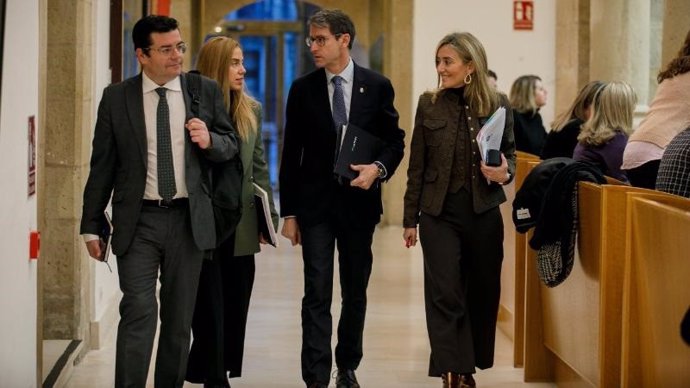 El presidente del Gobierno, Gonzalo Capellán, entrando al Parlamento junto a la portavoz 'popular' Cristinta Maiso y la presidenta del Parlamento, Marta Fernández