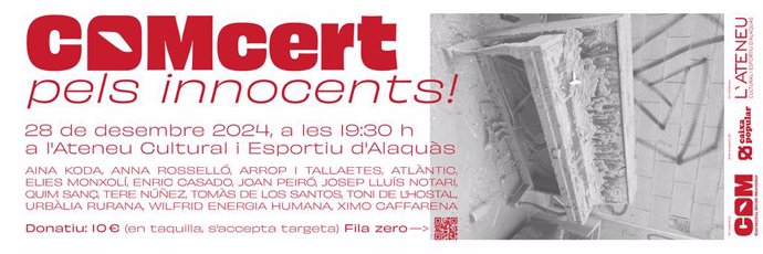 Cartel del 'COMcert  pels innocents' del Col·lectiu Ovidi Montllor de Músiques del País Valencià (COM)