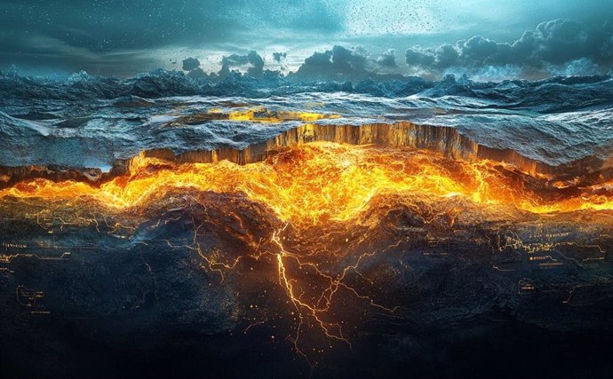 Ilustración conceptual de una sección transversal de una zona de subducción volcánica. La imagen muestra magma ascendiendo desde el manto de la Tierra, rico en un tono dorado brillante que representa depósitos enriquecidos en oro.