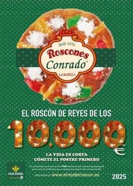 Cartel del premio de 10.000 euros escondidos en uno de los roscones de la Confitería Conrado.