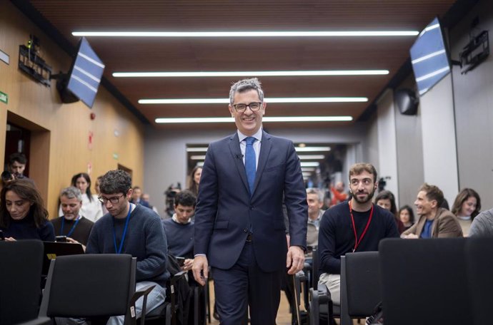 El ministro de la Presidencia, Justicia y Relaciones con las Cortes, Félix Bolaños, a su llegada a una rueda de prensa.