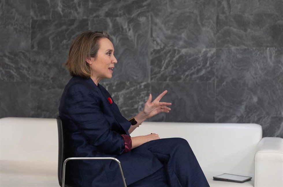 La secretaria general del PP, Cuca Gamarra, durante una entrevista concedida a Europa Press.