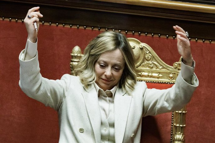 La presidente del Consiglio Giorgia Meloni al Senato durante l&#x2019;intervento di Dolores Bevilaqua del M5s in occasione delle comunicazioni sul prossimo Consiglio europeo del 19 e 20 dicembre, Roma, Mercoled&#xec;, 18 Dicembre 2024 (Foto Roberto Monald
