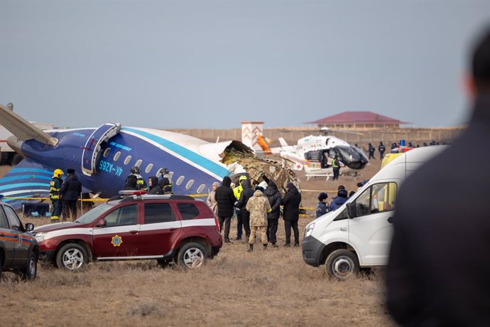 BEIJING, Dec. 26, 2024  -- This photo taken on Dec. 25, 2024 shows the plane crash site near Aktau, Kazakhstan. Azerbaijan has declared Thursday a national day of mourning for the victims of the tragic crash of an Embraer 190 passenger plane operating a B