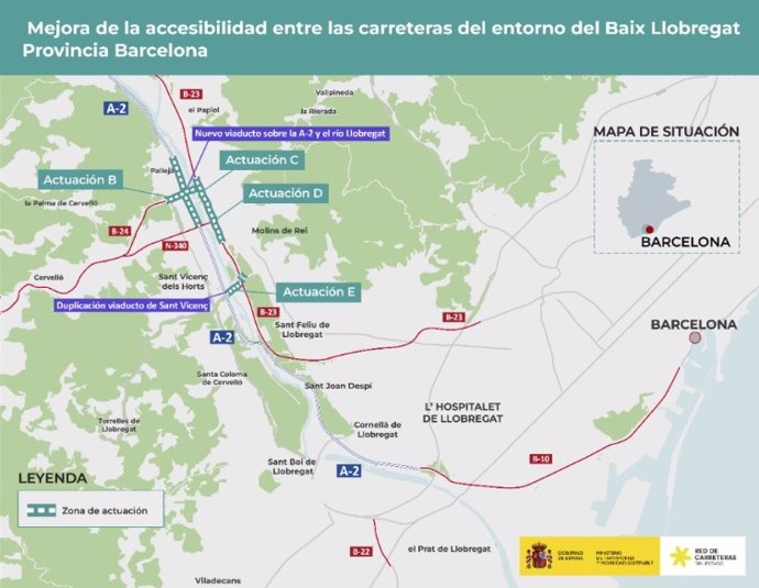 Plano del conjunto de las actuaciones propuestas por el Ministerio de Transportes y Movilidad Sostenible en las carreteras del Baix Llobregat (Barcelona)