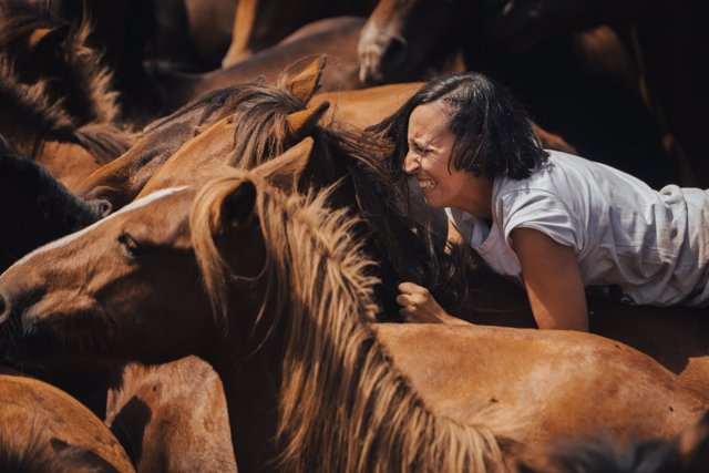 Una mujer sujeta a un caballo salvaje durante el segundo curro de la Rapa das Bestas 2024, a 7 de julio de 2024, en Sabucedo, Pontevedra, Galicia (España).