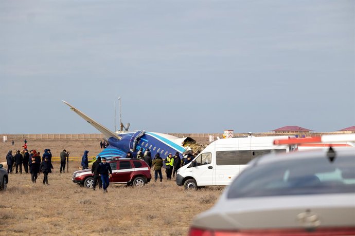 AKTAU, Dec. 25, 2024  -- This photo taken on Dec. 25, 2024 shows the plane crash site near Aktau, Kazakhstan. A passenger plane operated by Azerbaijan Airlines from Baku to Grozny crashed near the Kazakh city of Aktau on Wednesday, Kazakhstan's Ministry o
