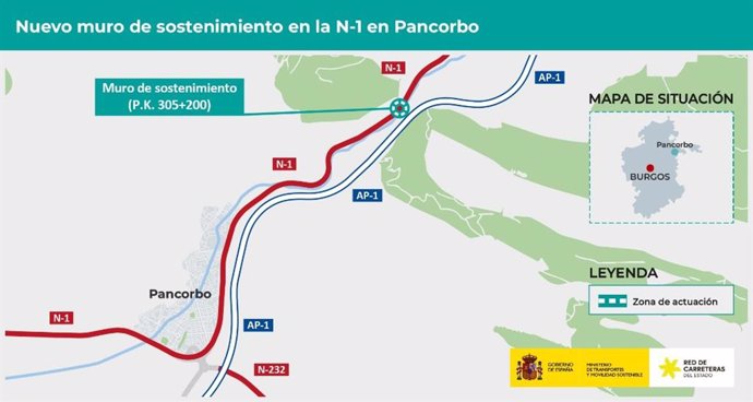 Transportes adjudica por 414.395 euros las obras de un nuevo muro de sostenimiento de la N-I en Pancorbo (Burgos).