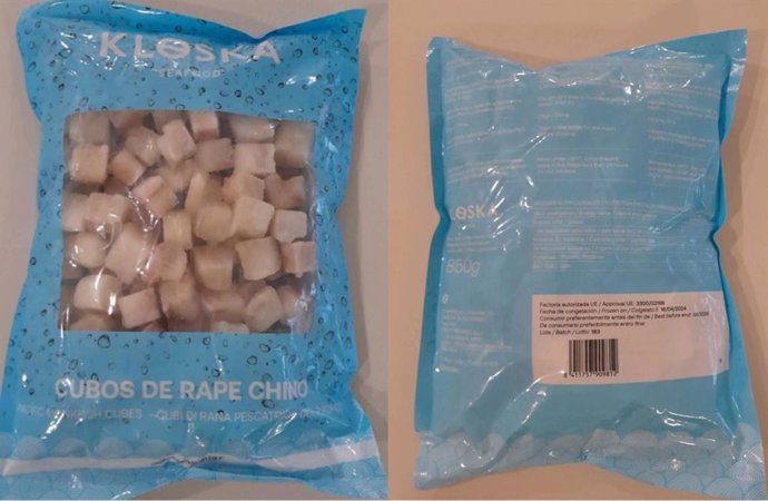 Imagen de uno de los cubos de rape congelado de la marca 'KLOSKA Seafood'.