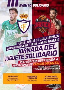 Cartel de la jornada del juguete solidario promovida por el Consistorio, el Real Jaén CF y el Jaén CB.