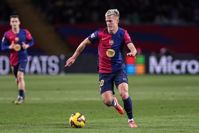 Dani Olmo of FC Barcelona in action during the Spanish league, La Liga EA Sports, football match played between FC Barcelona and Atletico de Madrid at Estadio Olimpico de Montjuic on December 21, 2024 in Barcelona, Spain.