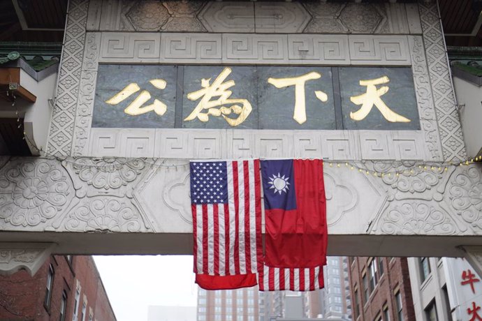 December 29, 2024, Boston, Massachusetts, United States: A flag of the United States and a flag of Taiwan are seen at Chinatown in Boston.