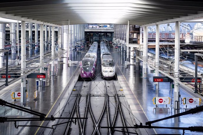 Dos trenes en las vías de la estación de Atocha-Almudena Grandes, a 20 de diciembre de 2024, en Madrid (España). Un total de 24.480 trenes de alta velocidad, larga y media distancia, de las tres empresas ferroviarias que operan en España, circularán por l