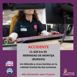 Imagen compartida por el 112 CyL con información sobre el accidente en la CL-629 en Merindad de Montija (Burgos)