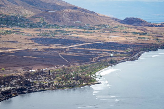 August 22, 2023, Maui, Hawaii, USA: Marine One flys over wildfire damage on Maui. US President JOE BIDEN and First lady JILL BIDEN surveyed wildfire damage on Maui and received a briefing on response efforts.