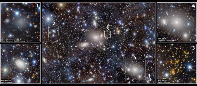  Este extracto muestra una pequeña selección de la multitud de pintorescas galaxias que se pueden encontrar en el Cúmulo de Antlia —un grupo de al menos 230 galaxias ubicadas a unos 130 millones de años luz de la Tierra. 