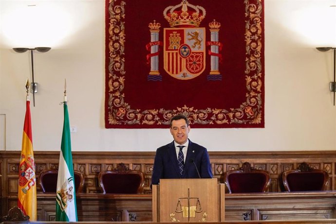 Archivo - El presidente de la Junta de Andalucía, Juanma Moreno, interviene en el encuentro anual de presidentes de tribunales superiores de Justicia de España. (Foto de archivo).