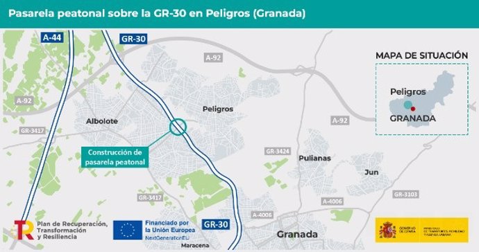 Archivo - Imagen de archivo sobre la localización de la pasarela peatonal sobre la GR-30 en Peligros (Granada).