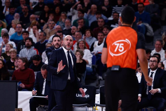 Chus Mateo, head coach of Real Madrid, protests during the Spanish League, Liga ACB Endesa, basketball match played between Real Madrid and  FC Barcelona at WiZink Center on December 29, 2024, in Madrid, Spain.