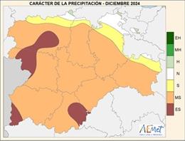 Mapa elaborado por la Aemet sobre el balance de las precipitaciones registradas en CyL en diciembre