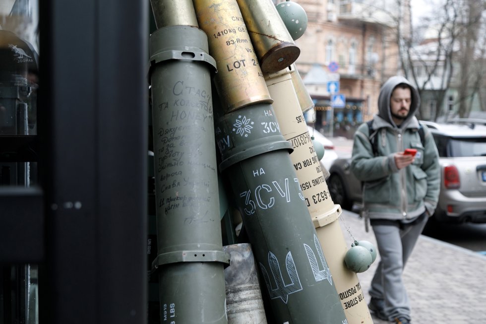 03 January 2025, Ukraine, Kiev: AChristmas tree made of spent ammunition collected in the Zaporizhzhia, is displayed outside a coffee shop in Yaroslaviv Val Street in Kiev. Photo: -/Ukrinform/dpa