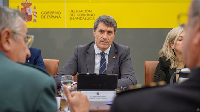 Imagen de archivo del delegado del Gobierno de España en Andalucía, Pedro Fernández, en la reunión de la Mesa de Coordinación Operativa (MECO) del IV Plan Especial de Seguridad para el Campo de Gibraltar.